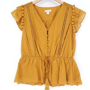 Point Sur Blouse Womens Small Mustard Yellow Pom Pom Trim